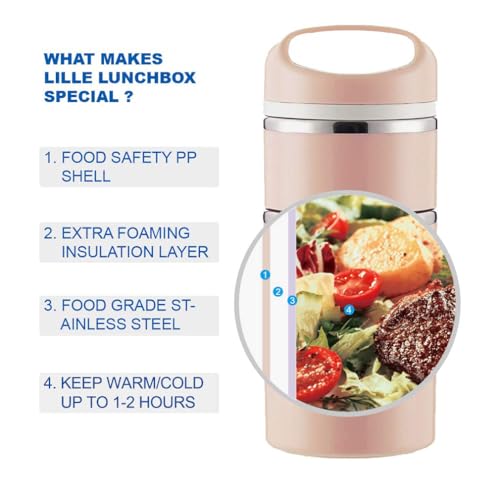 Lille Home Stackable Stainless Steel Thermal Lunch/Snack Box, 3-Tier Insulated Bento Box with Portable Cutlery Set, 43OZ, Pink