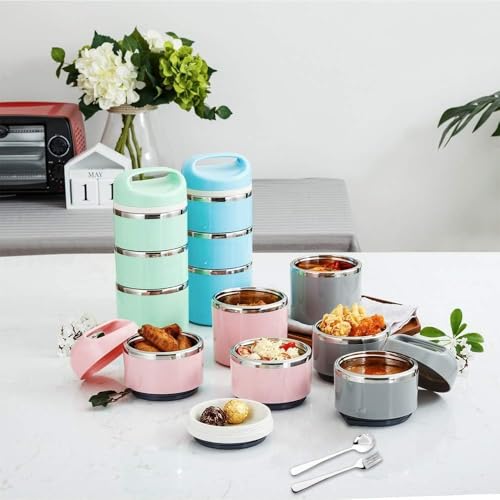 Lille Home Stackable Stainless Steel Thermal Lunch/Snack Box, 3-Tier Insulated Bento Box with Portable Cutlery Set, 43OZ, Pink