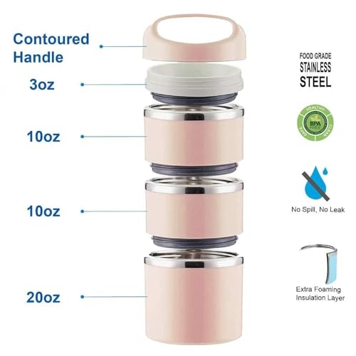 Lille Home Stackable Stainless Steel Thermal Lunch/Snack Box, 3-Tier Insulated Bento Box with Portable Cutlery Set, 43OZ, Pink