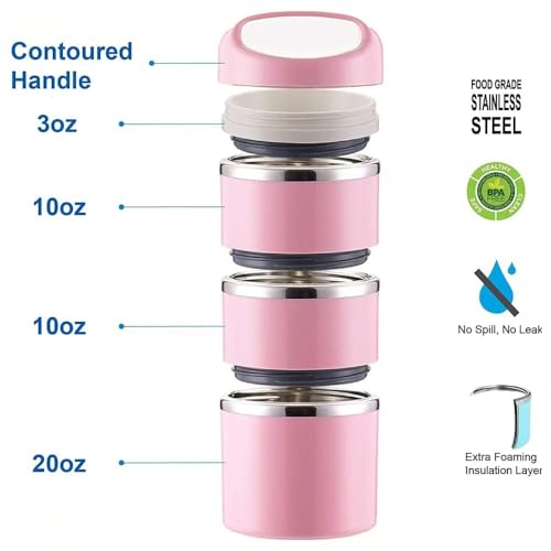 Lille Home Stackable Stainless Steel Thermal Lunch/Snack Box, 3-Tier Insulated Bento Box with Portable Cutlery Set, 43OZ, Pink