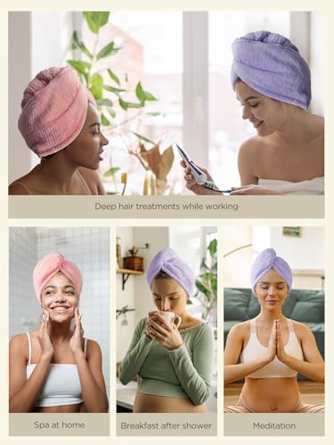 Hicober Microfiber Hair Towel, 3 Packs Hair Turbans for Wet Hair, Drying Hair Wrap Towels for Curly Hair Women Anti Frizz (Blue,Grey,Pink)