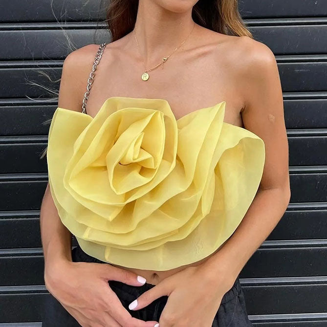 Big Flower Organza Kitted Yellow Crop Top Cami for Women