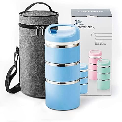 Lille Home Stackable Stainless Steel Thermal Lunch/Snack Box, 3-Tier Insulated Bento Box with Portable Cutlery Set, 43OZ, Pink