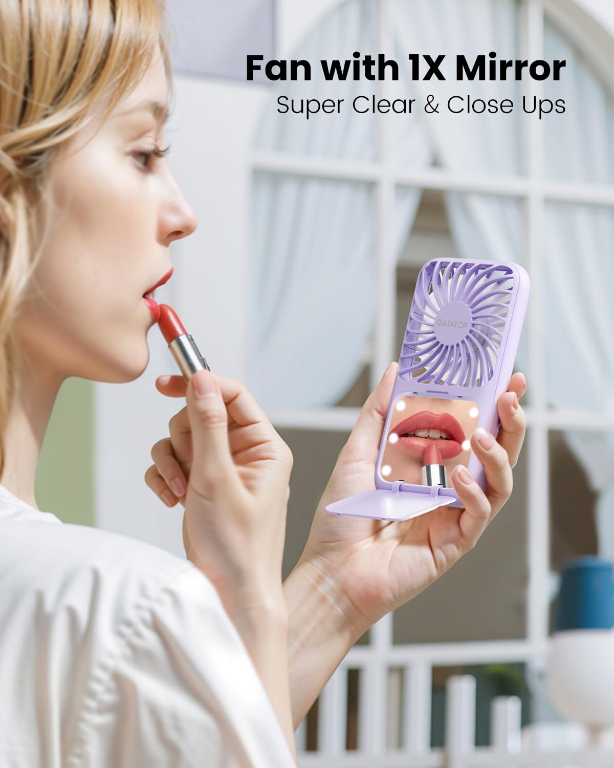 Gaiatop Handheld Mini Fan, 3 Speed Portable Lash Fan Makeup Mirror with LED Light, 2000mAh USB Rechargeable Personal Desk Fan with Stand, Small Hand Fan for Outdoor Travel Gifts for Women Girls Black