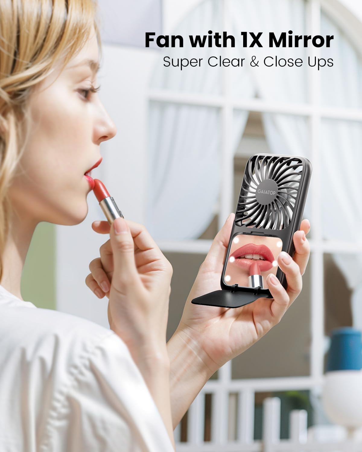 Gaiatop Handheld Mini Fan, 3 Speed Portable Lash Fan Makeup Mirror with LED Light, 2000mAh USB Rechargeable Personal Desk Fan with Stand, Small Hand Fan for Outdoor Travel Gifts for Women Girls Black