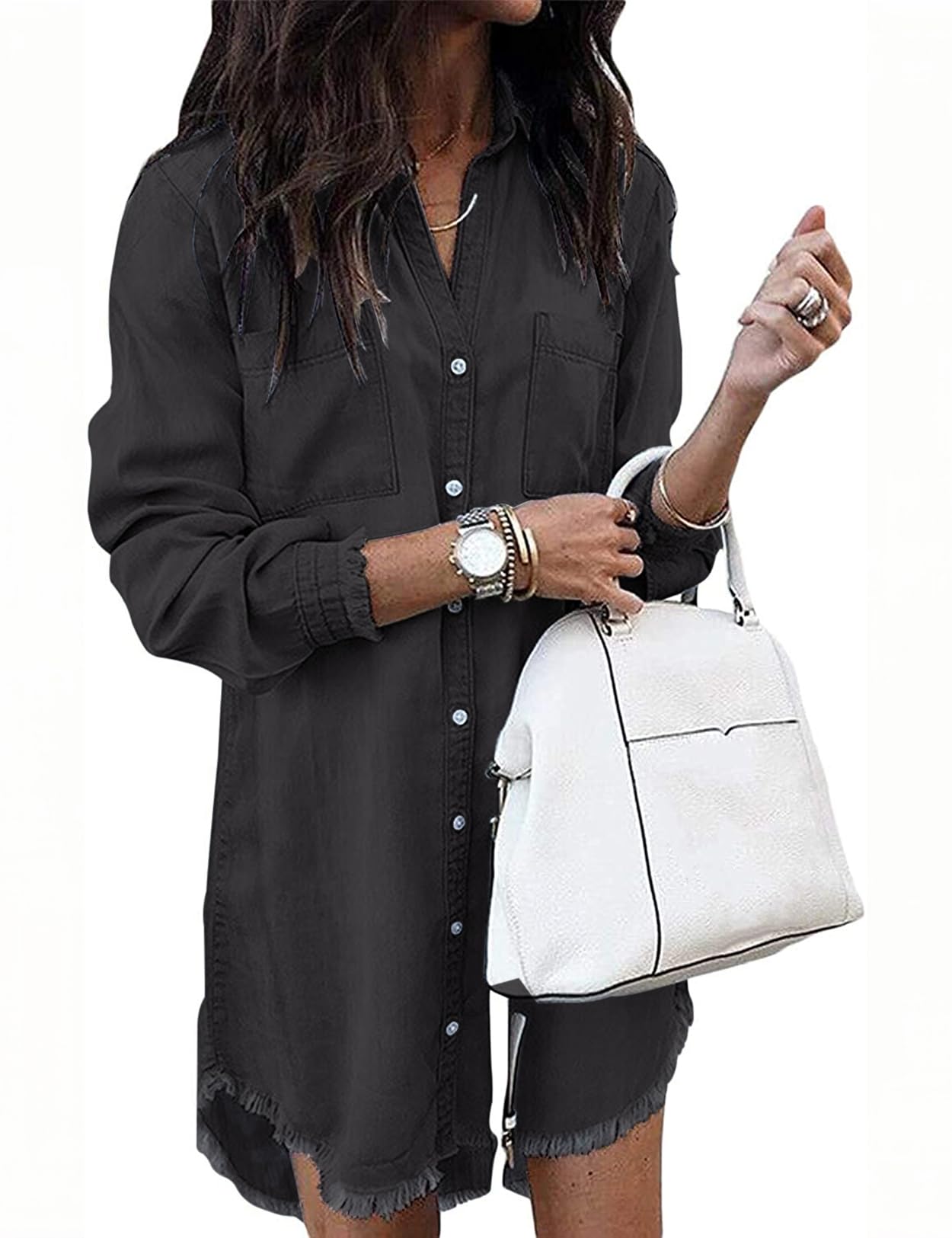 Zilcremo Women Denim Shirt Dresses Long Sleeve Shirt Dresses