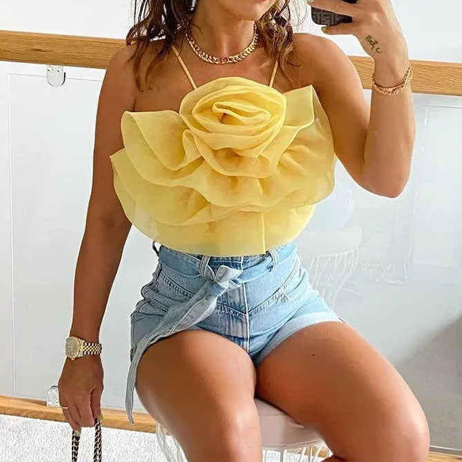 Big Flower Organza Kitted Yellow Crop Top Cami for Women