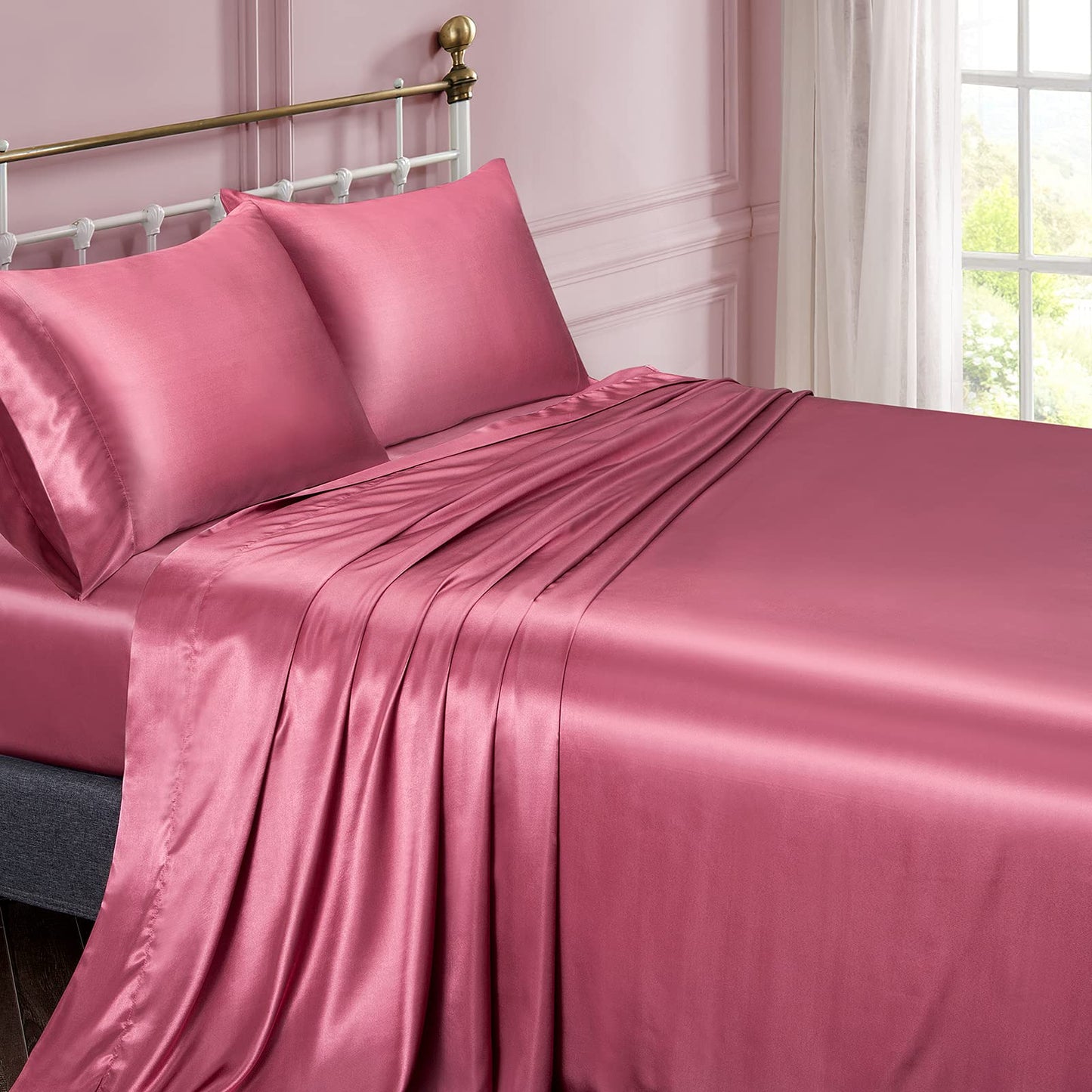 Vonty Satin Sheets Twin Silky Soft Satin Bed Sheets Forest Green Sheet Set, 1 Deep Pocket Fitted Sheet + 1 Flat Sheet + 1 Pillowcase