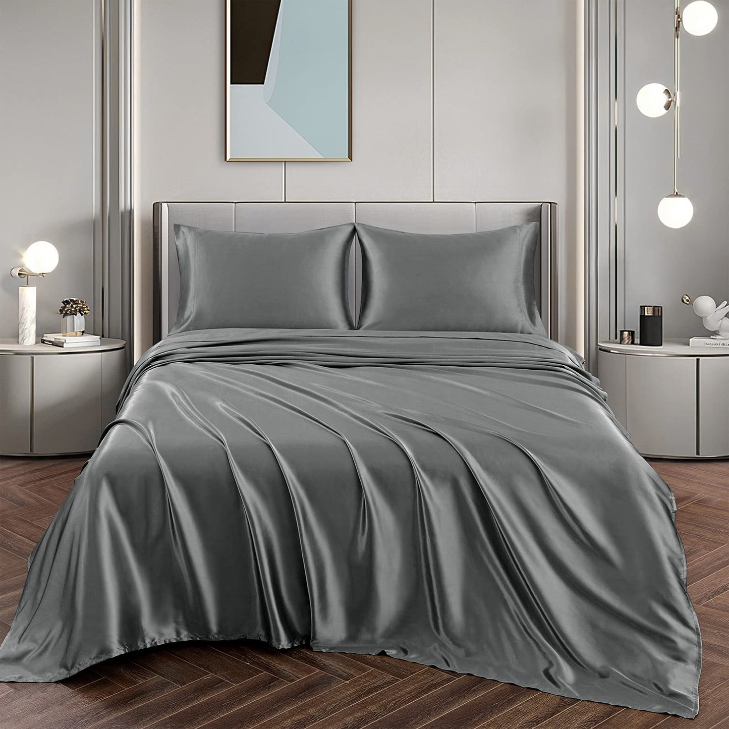 Vonty Satin Sheets Twin Silky Soft Satin Bed Sheets Forest Green Sheet Set, 1 Deep Pocket Fitted Sheet + 1 Flat Sheet + 1 Pillowcase