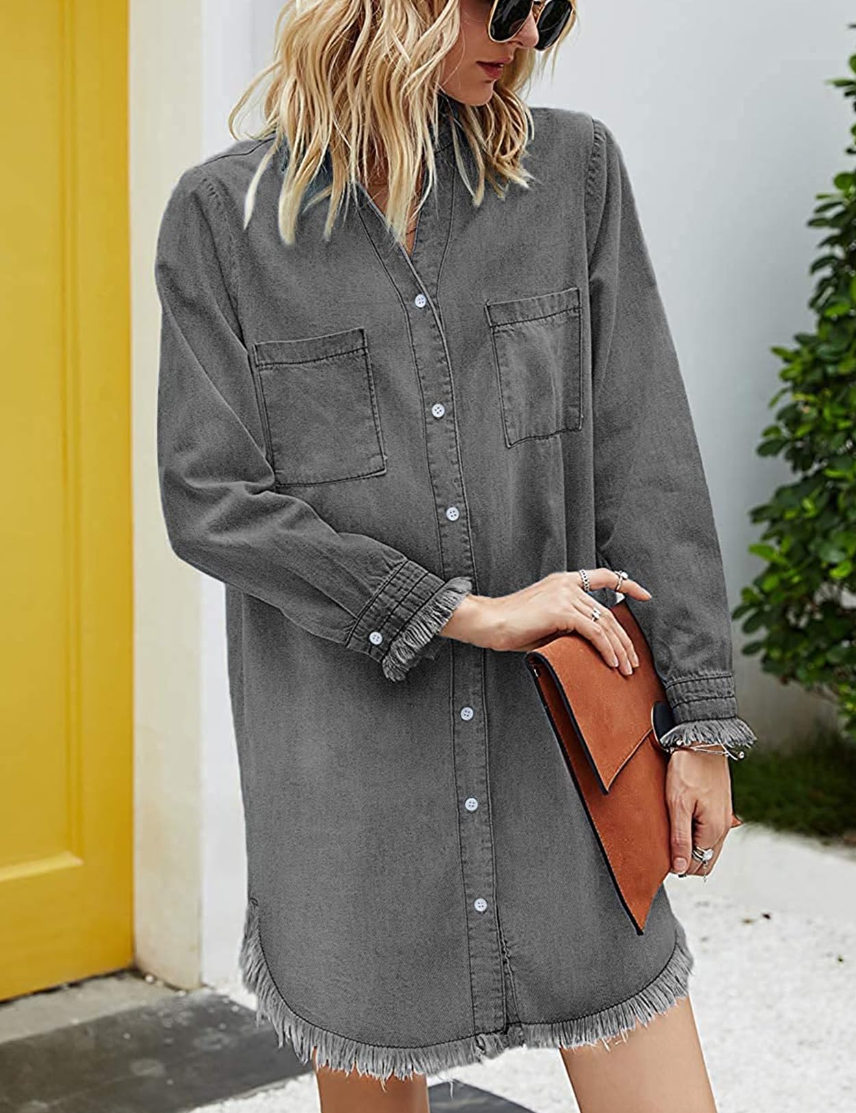 Zilcremo Women Denim Shirt Dresses Long Sleeve Shirt Dresses