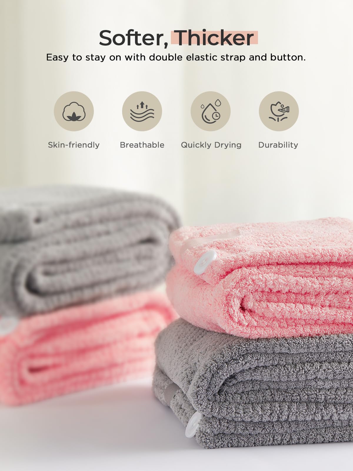 Hicober Microfiber Hair Towel, 3 Packs Hair Turbans for Wet Hair, Drying Hair Wrap Towels for Curly Hair Women Anti Frizz (Blue,Grey,Pink)