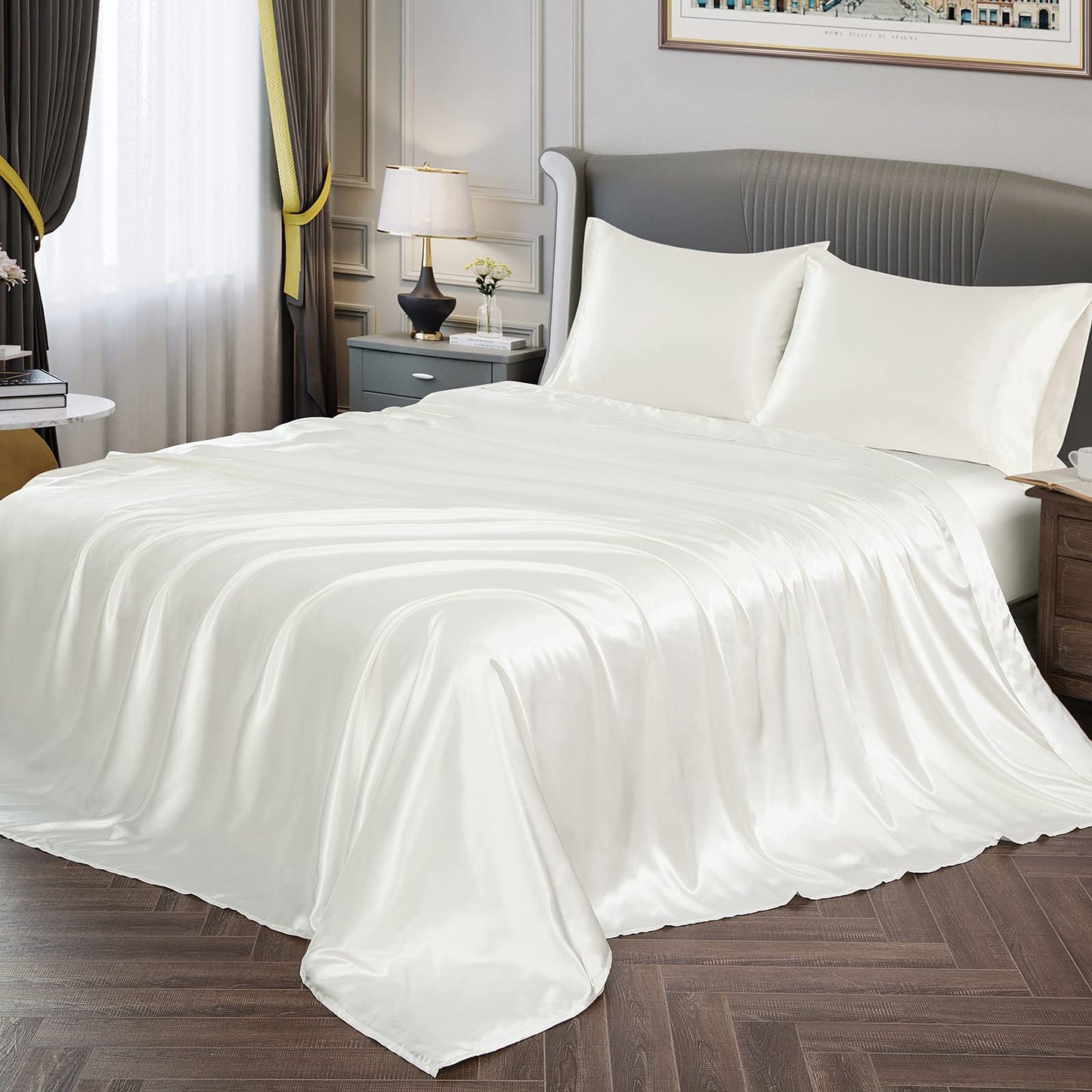 Vonty Satin Sheets Twin Silky Soft Satin Bed Sheets Forest Green Sheet Set, 1 Deep Pocket Fitted Sheet + 1 Flat Sheet + 1 Pillowcase