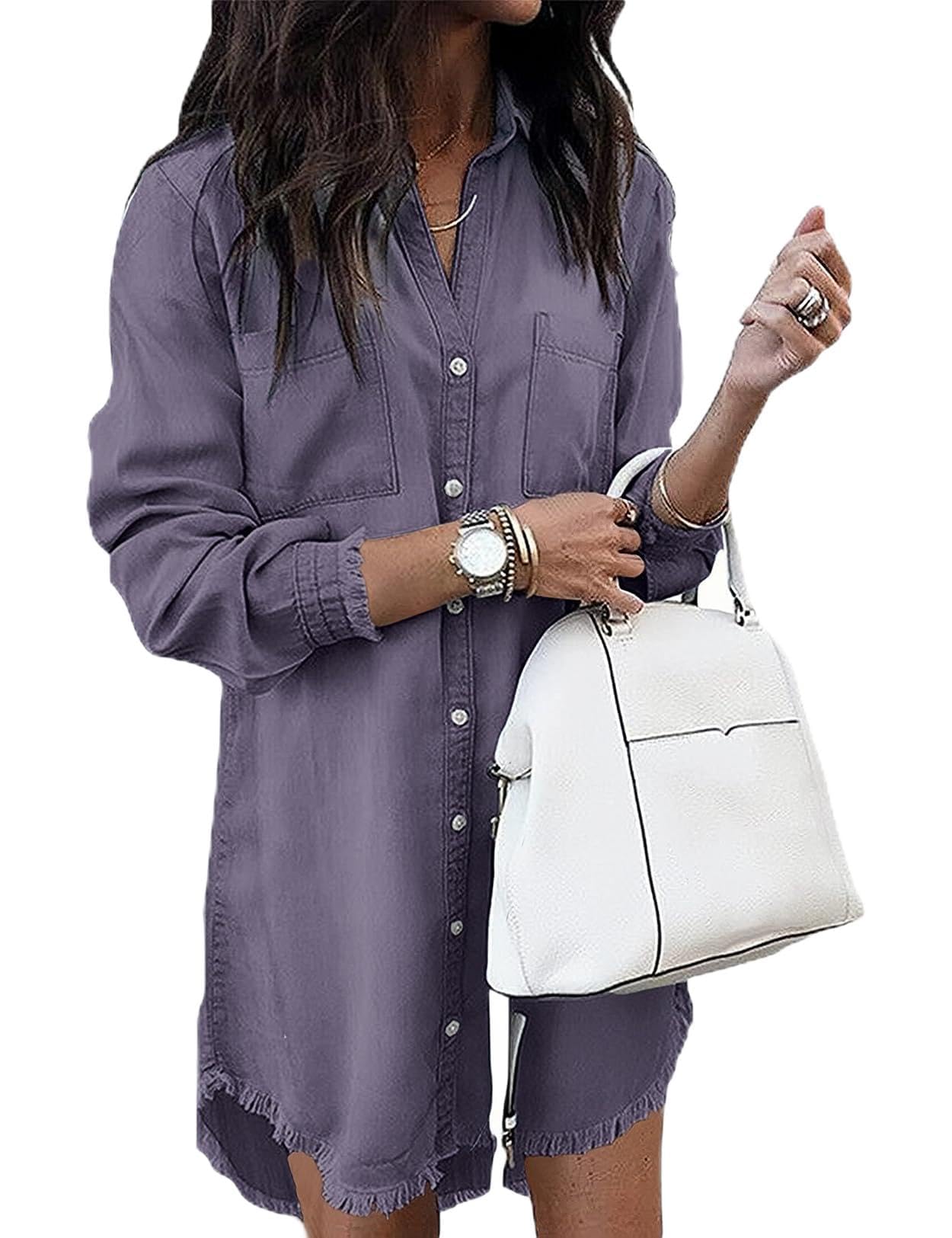 Zilcremo Women Denim Shirt Dresses Long Sleeve Shirt Dresses