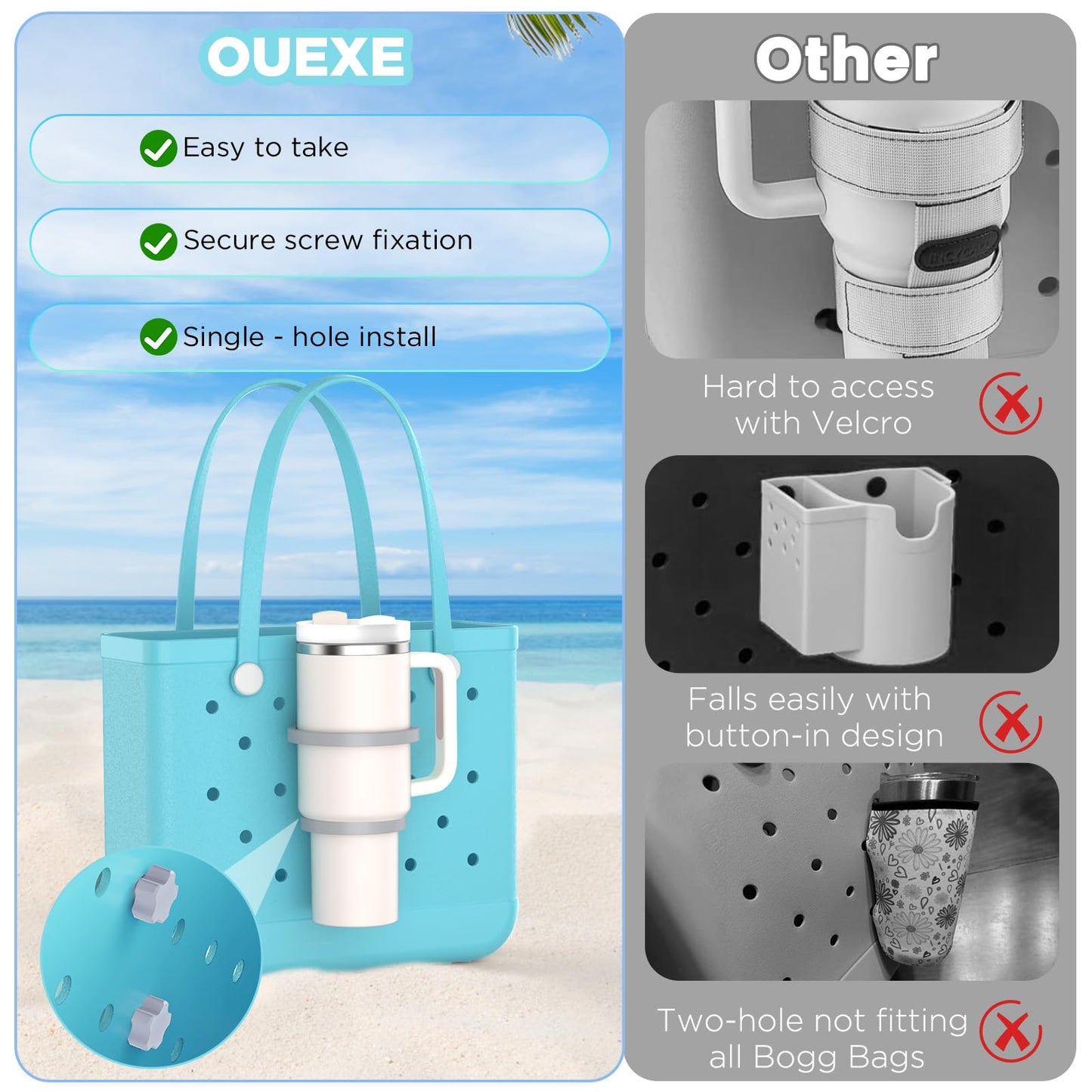 OUTXE 2 Pack Cup Holder for Bogg Bag, Fits 16-40oz Stanley, Insert Drink Holder Attachment Compatible with All Bogg Bags & Simply Southern Beach Tote Bag (40oz-Cream)