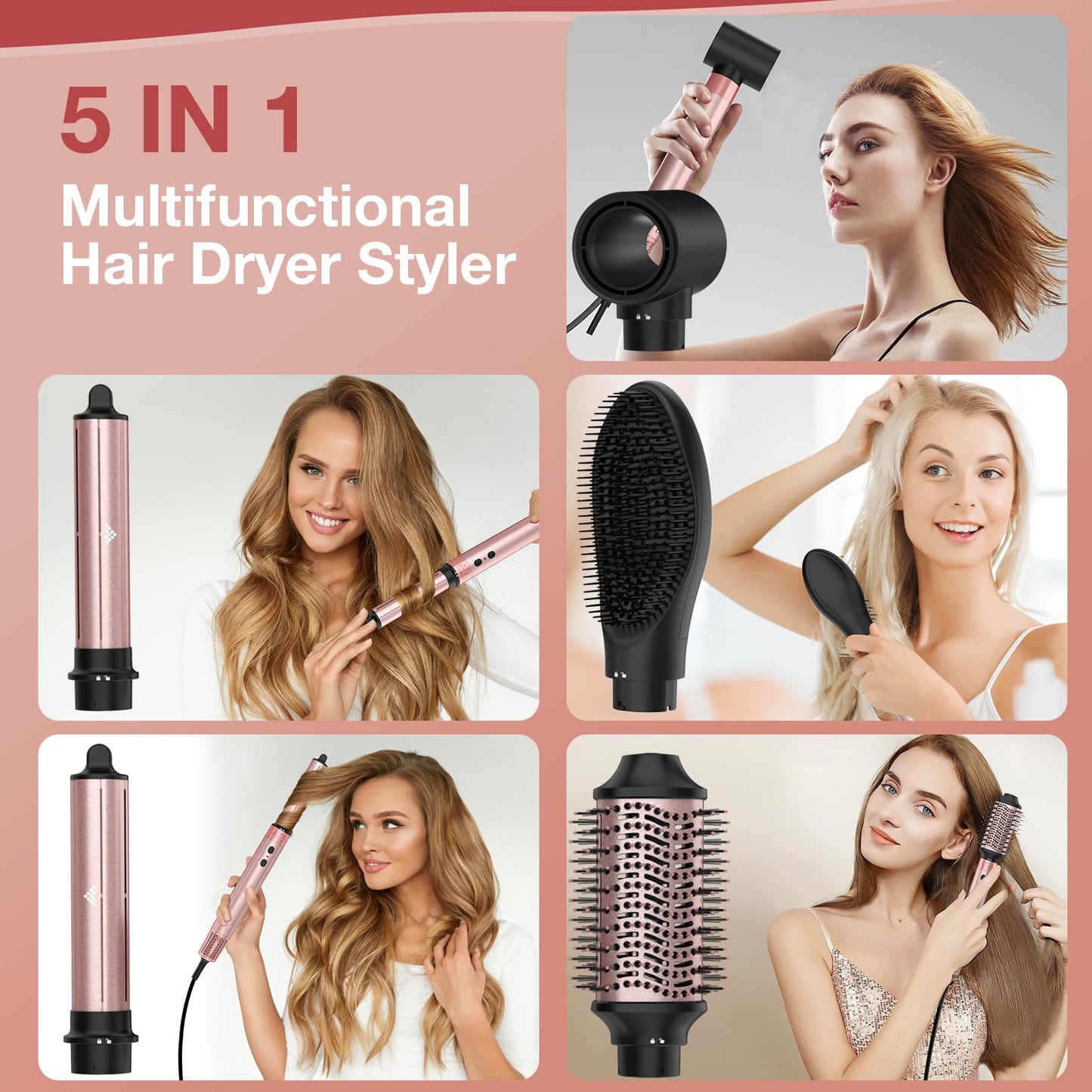 Brightup Blow Dryer Brush with 110,000 RPM High-Speed Negative Ionic Hair Dryer, Straightener Brush, Auto Wrap Curlers, Professional 5 in 1 Hot Air Styler for Fast Drying Curling Volumizing & Styling