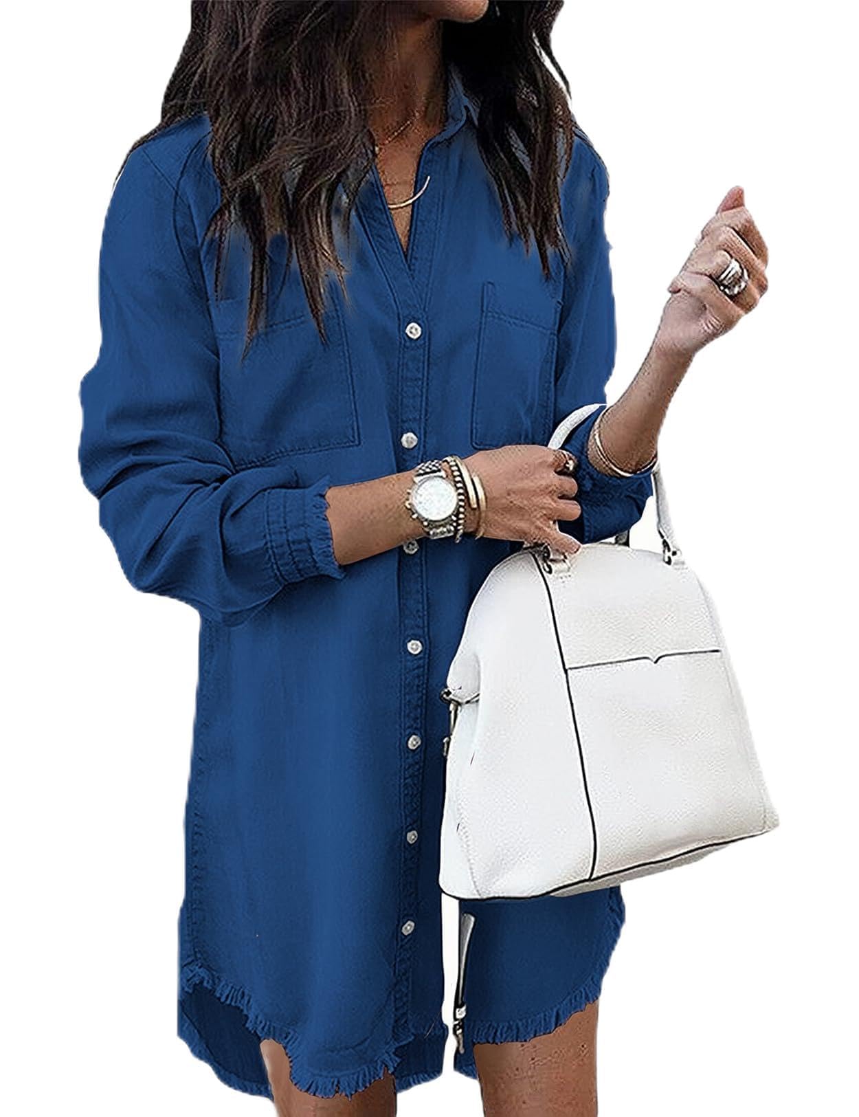 Zilcremo Women Denim Shirt Dresses Long Sleeve Shirt Dresses