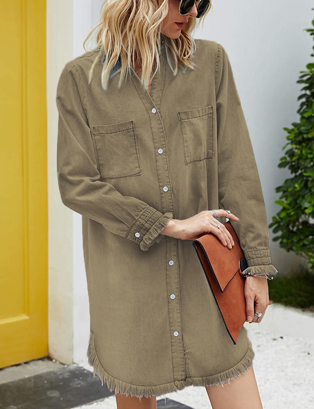 Zilcremo Women Denim Shirt Dresses Long Sleeve Shirt Dresses