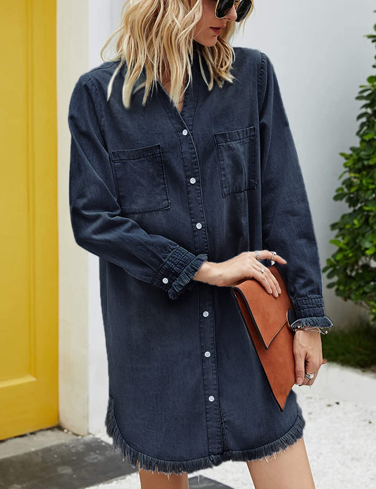 Zilcremo Women Denim Shirt Dresses Long Sleeve Shirt Dresses
