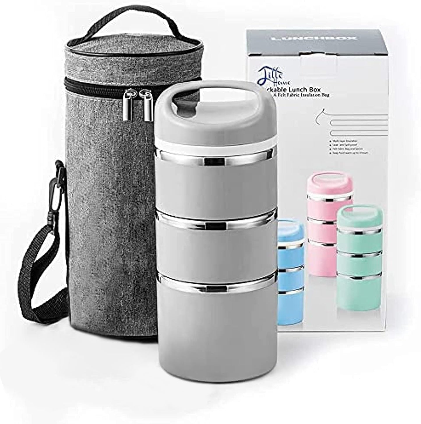 Lille Home Stackable Stainless Steel Thermal Lunch/Snack Box, 3-Tier Insulated Bento Box with Portable Cutlery Set, 43OZ, Pink