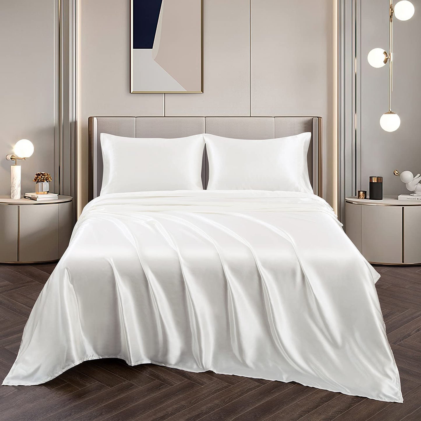 Vonty Satin Sheets Twin Silky Soft Satin Bed Sheets Forest Green Sheet Set, 1 Deep Pocket Fitted Sheet + 1 Flat Sheet + 1 Pillowcase