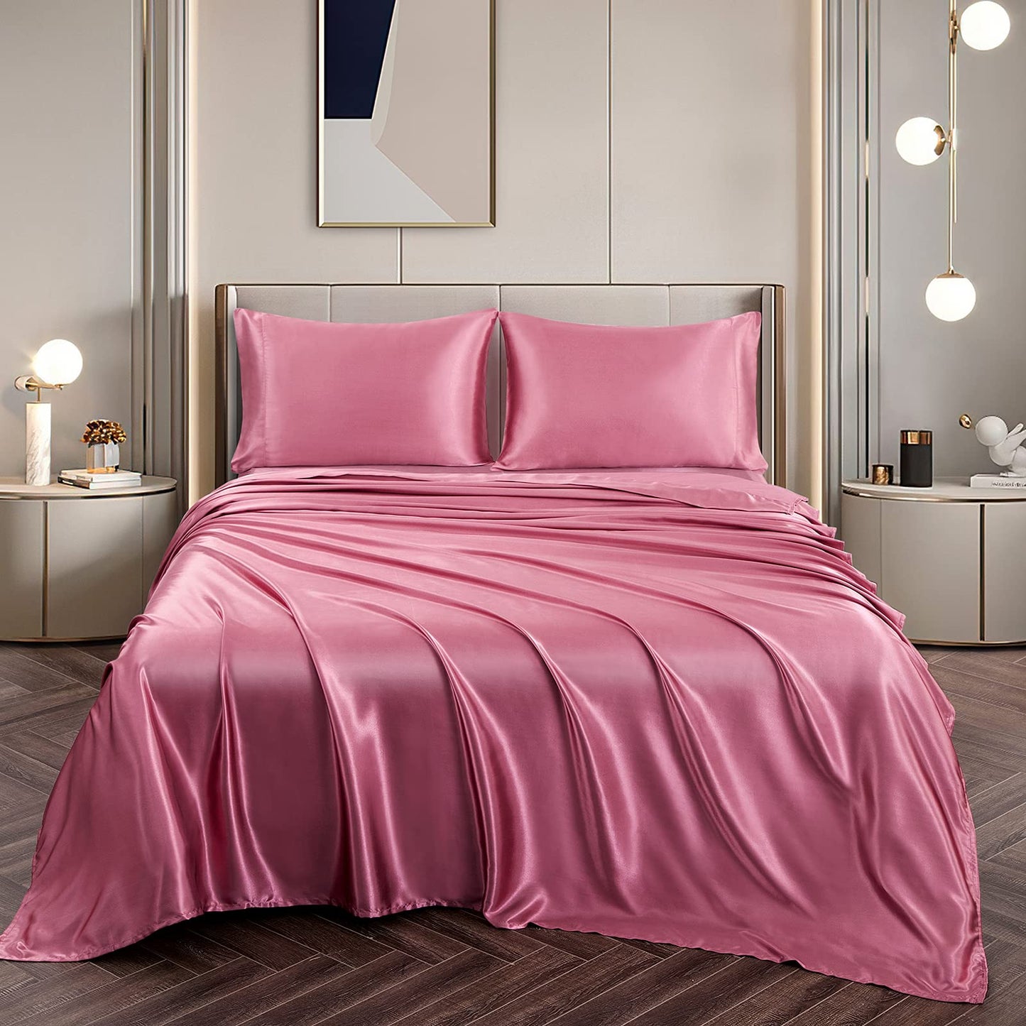 Vonty Satin Sheets Twin Silky Soft Satin Bed Sheets Forest Green Sheet Set, 1 Deep Pocket Fitted Sheet + 1 Flat Sheet + 1 Pillowcase