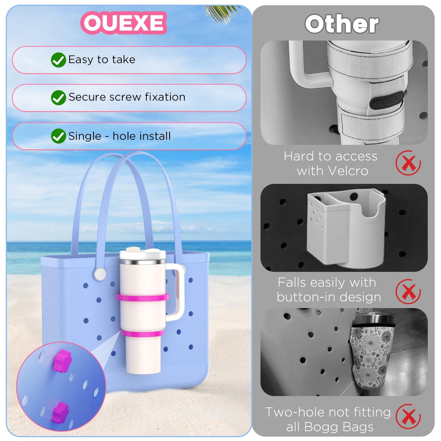 OUTXE 2 Pack Cup Holder for Bogg Bag, Fits 16-40oz Stanley, Insert Drink Holder Attachment Compatible with All Bogg Bags & Simply Southern Beach Tote Bag (40oz-Cream)