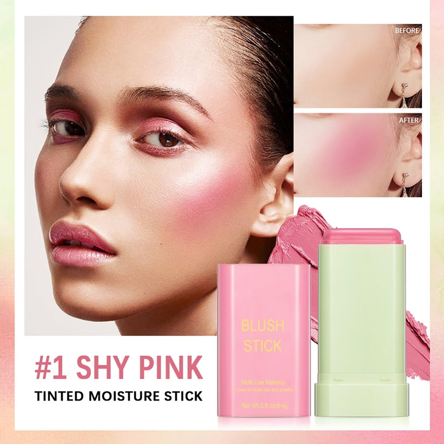 Multi-Use Makeup Blush Stick - Waterproof, Tinted Moisturizer for Eyes, Lips, Cheeks in Shy Pink