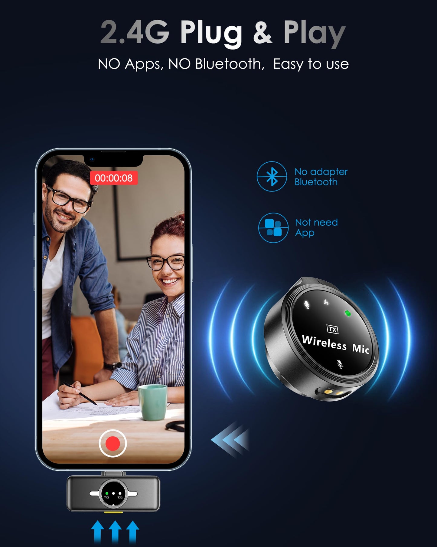 Wireless Lavalier Microphone for iPhone/Android, Lapel Mics with USB-C Plug-Play, Mini Mic with 2.4GHz Noise Cancellation, Charging Case Included, 300ft Range for Stream, Vlog, TikTok and YouTube