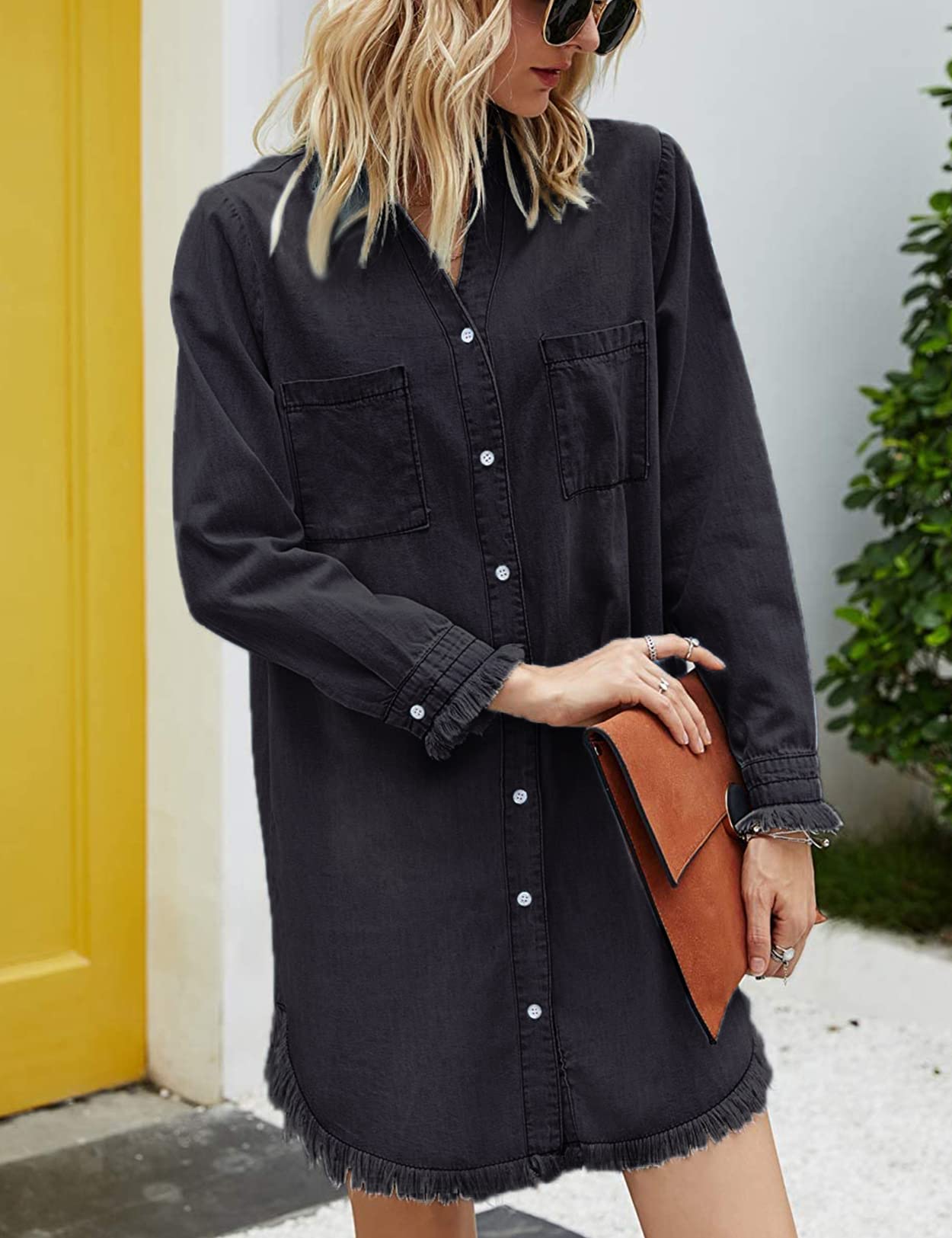 Zilcremo Women Denim Shirt Dresses Long Sleeve Shirt Dresses