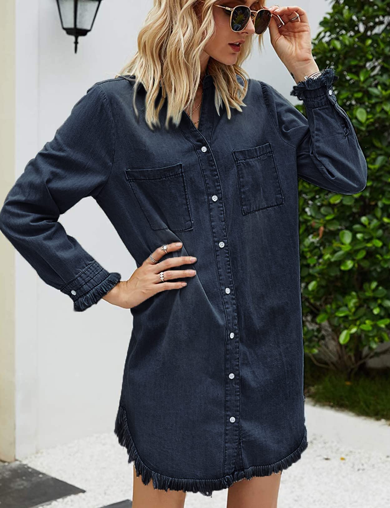 Zilcremo Women Denim Shirt Dresses Long Sleeve Shirt Dresses