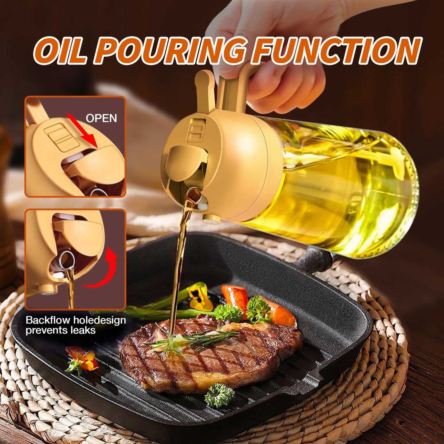 YARRAMATE Olive Oil Dispenser, 2 in 1 Oil Sprayer for Cooking, 17oz/500ml Glass Oil Spray Bottle with Pourer, Food-grade Oil Dispenser and Oil Sprayer for Kitchen, Salad, Frying, BBQ (Black)