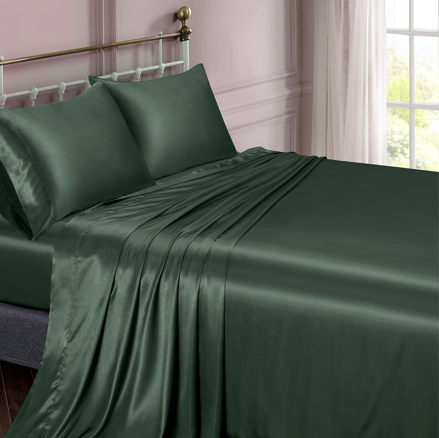 Vonty Satin Sheets Twin Silky Soft Satin Bed Sheets Forest Green Sheet Set, 1 Deep Pocket Fitted Sheet + 1 Flat Sheet + 1 Pillowcase