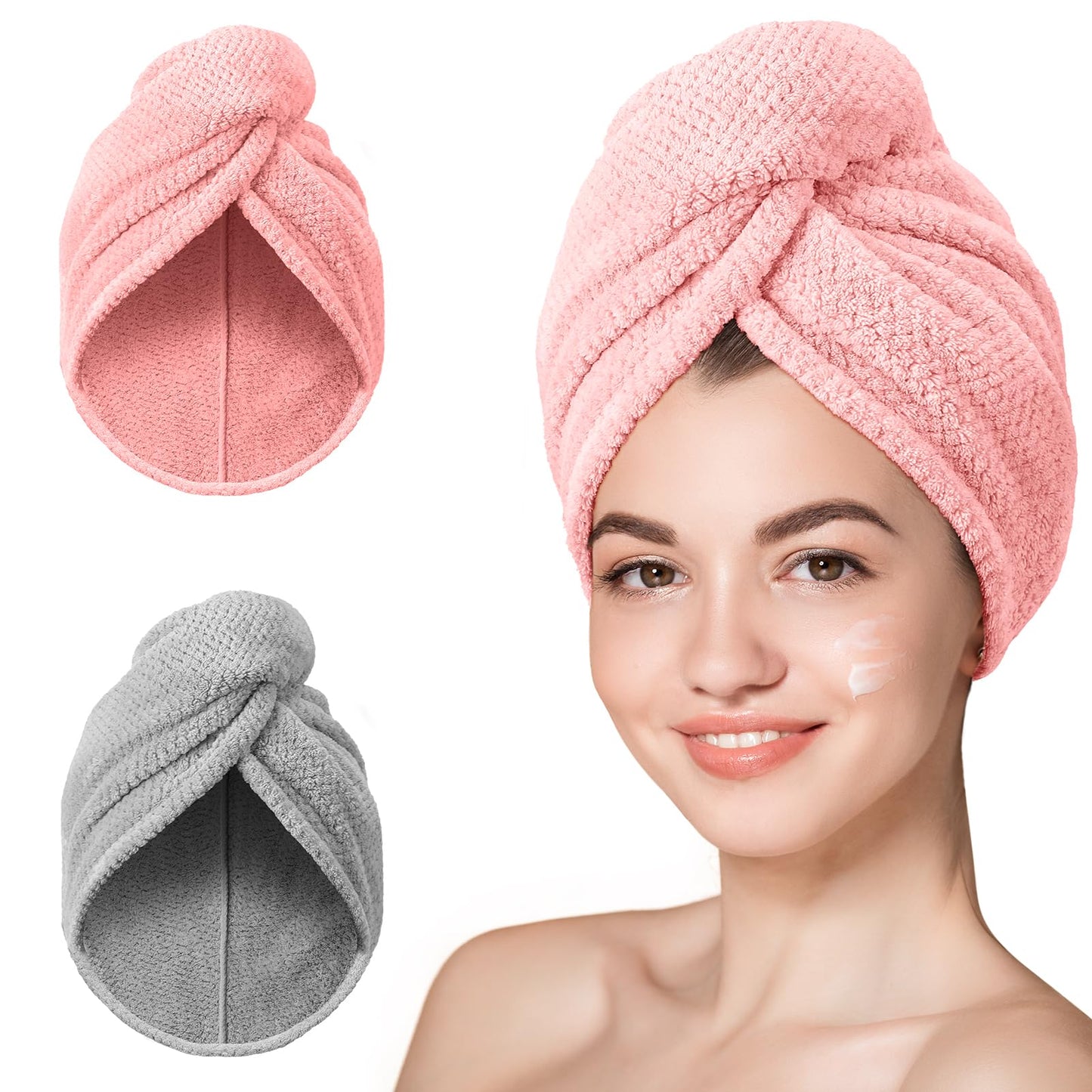 Hicober Microfiber Hair Towel, 3 Packs Hair Turbans for Wet Hair, Drying Hair Wrap Towels for Curly Hair Women Anti Frizz (Blue,Grey,Pink)