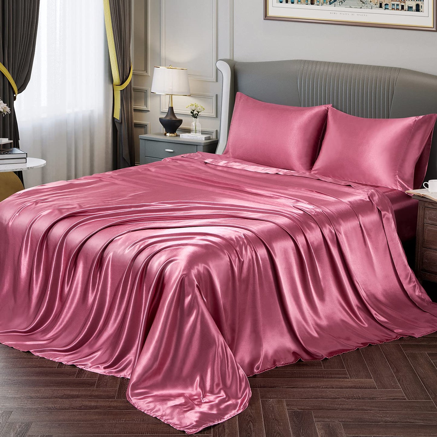 Vonty Satin Sheets Twin Silky Soft Satin Bed Sheets Forest Green Sheet Set, 1 Deep Pocket Fitted Sheet + 1 Flat Sheet + 1 Pillowcase