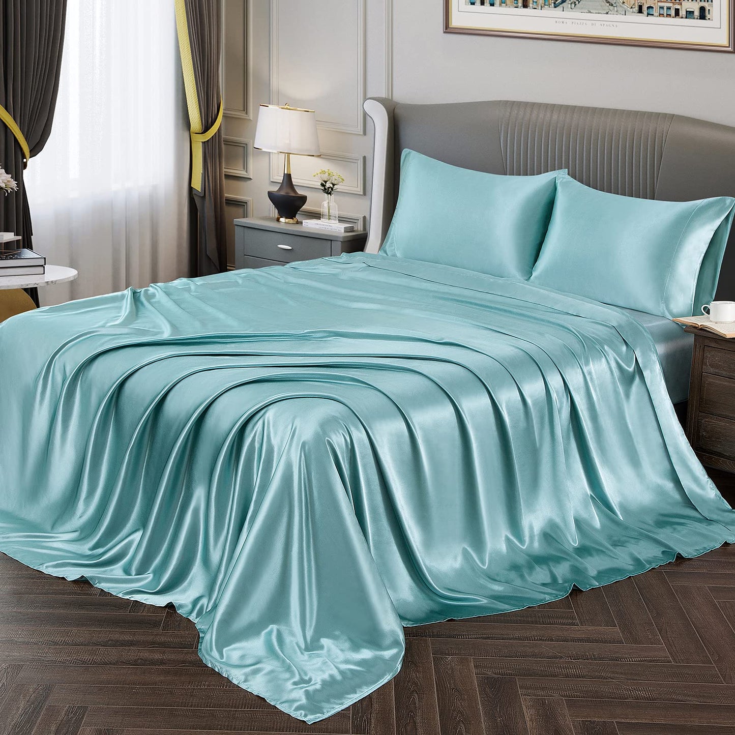 Vonty Satin Sheets Twin Silky Soft Satin Bed Sheets Forest Green Sheet Set, 1 Deep Pocket Fitted Sheet + 1 Flat Sheet + 1 Pillowcase