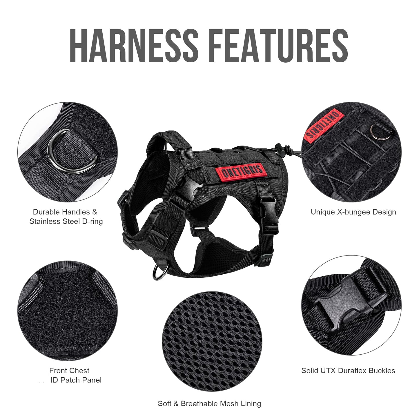 OneTigris Tactical Dog Harness - Fire Watcher Comfortable Patrol Vest (Black, Medium)