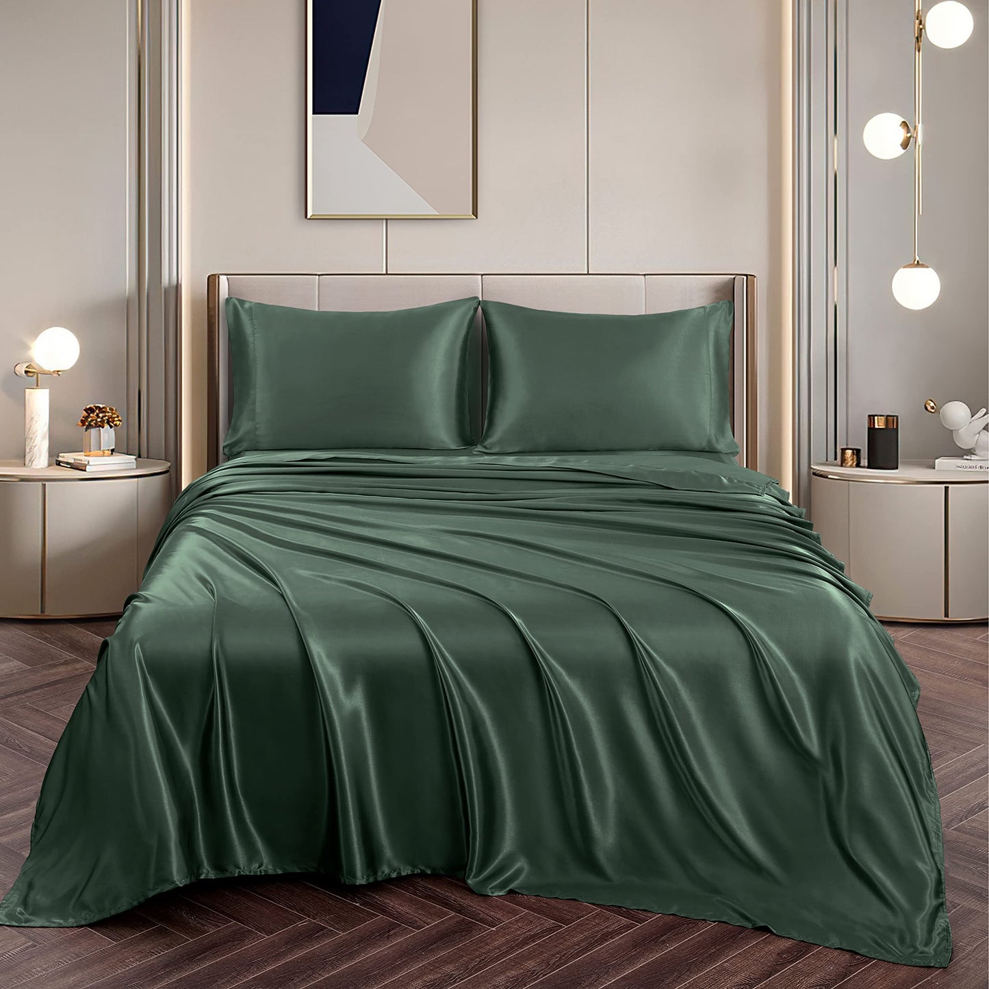 Vonty Satin Sheets Twin Silky Soft Satin Bed Sheets Forest Green Sheet Set, 1 Deep Pocket Fitted Sheet + 1 Flat Sheet + 1 Pillowcase