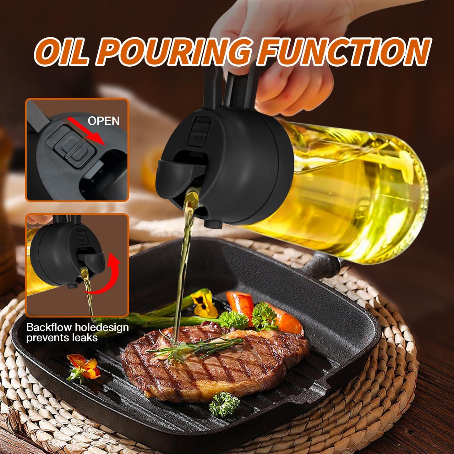 YARRAMATE Olive Oil Dispenser, 2 in 1 Oil Sprayer for Cooking, 17oz/500ml Glass Oil Spray Bottle with Pourer, Food-grade Oil Dispenser and Oil Sprayer for Kitchen, Salad, Frying, BBQ (Black)