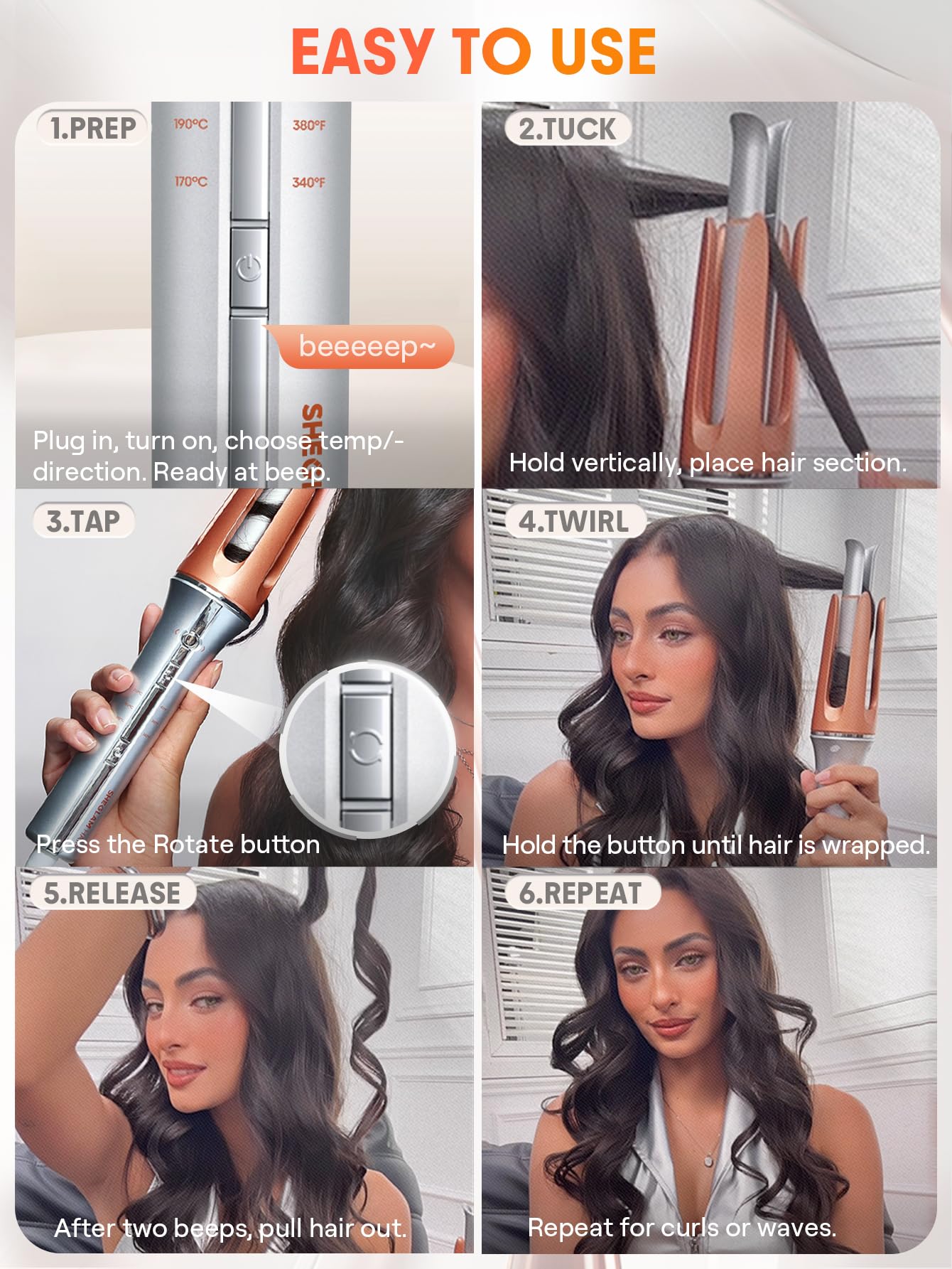 SHEGLAM Automatic Curling Iron 1 inch with 3 Temperatures Fast Heating, 2-Way Rotation, Automatic Shut-Off, Anti-Scald, Anti-Tangle Rotating for Hair Styling