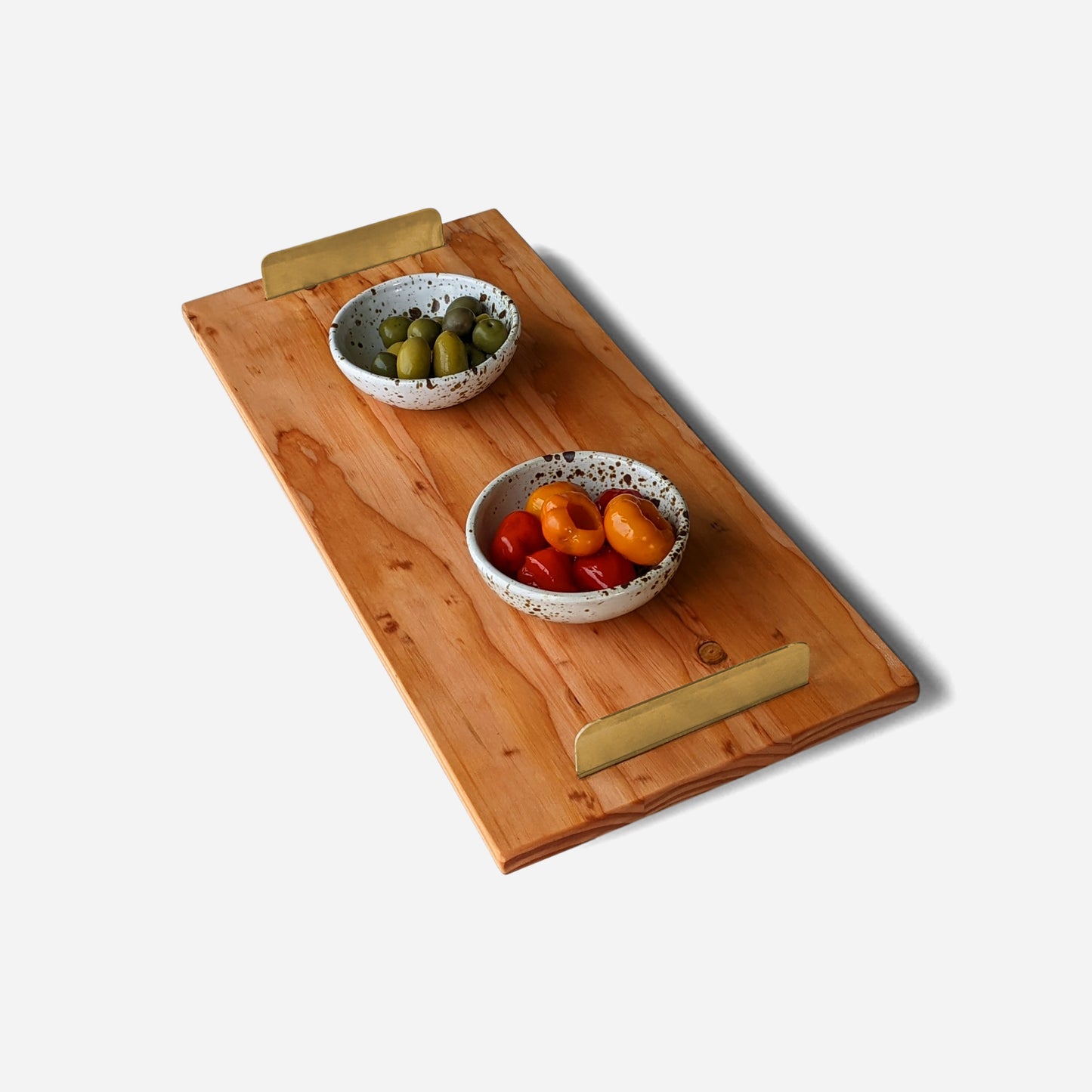 UNIQUE DOUG FIR WOOD TRAY WITH BRASS HANDLES