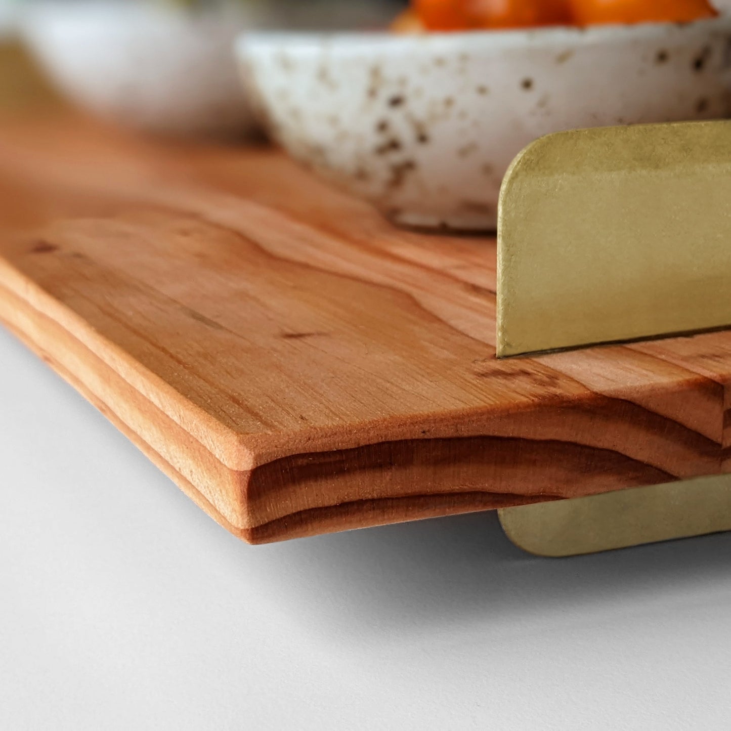 UNIQUE DOUG FIR WOOD TRAY WITH BRASS HANDLES