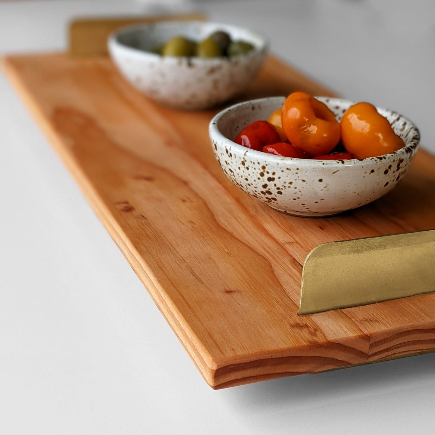 UNIQUE DOUG FIR WOOD TRAY WITH BRASS HANDLES
