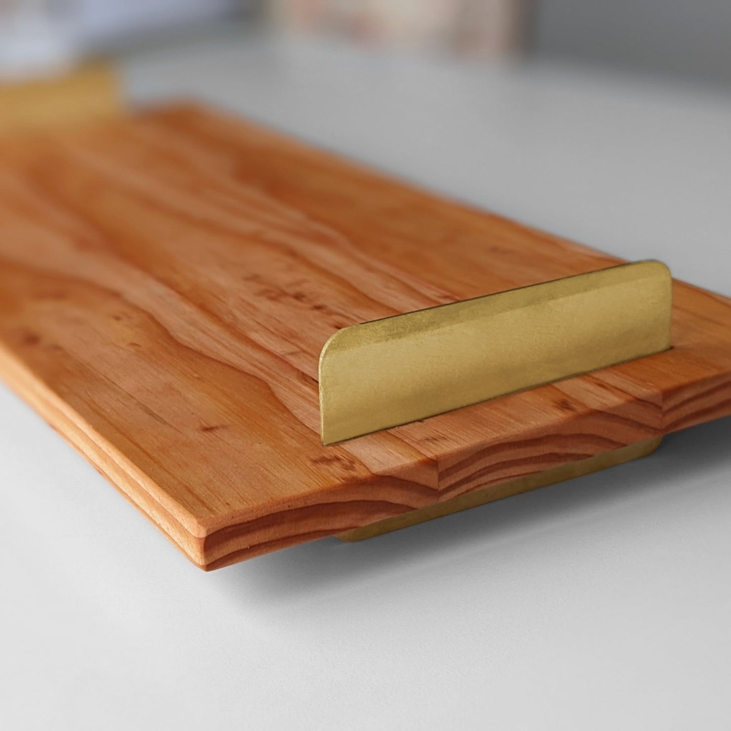 UNIQUE DOUG FIR WOOD TRAY WITH BRASS HANDLES