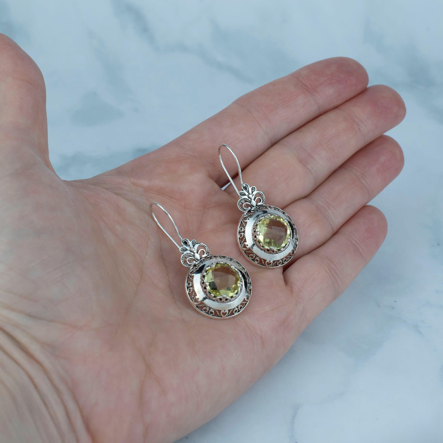 Filigree Art Lemon Quartz Gemstone Floral Design Women Silver Drop