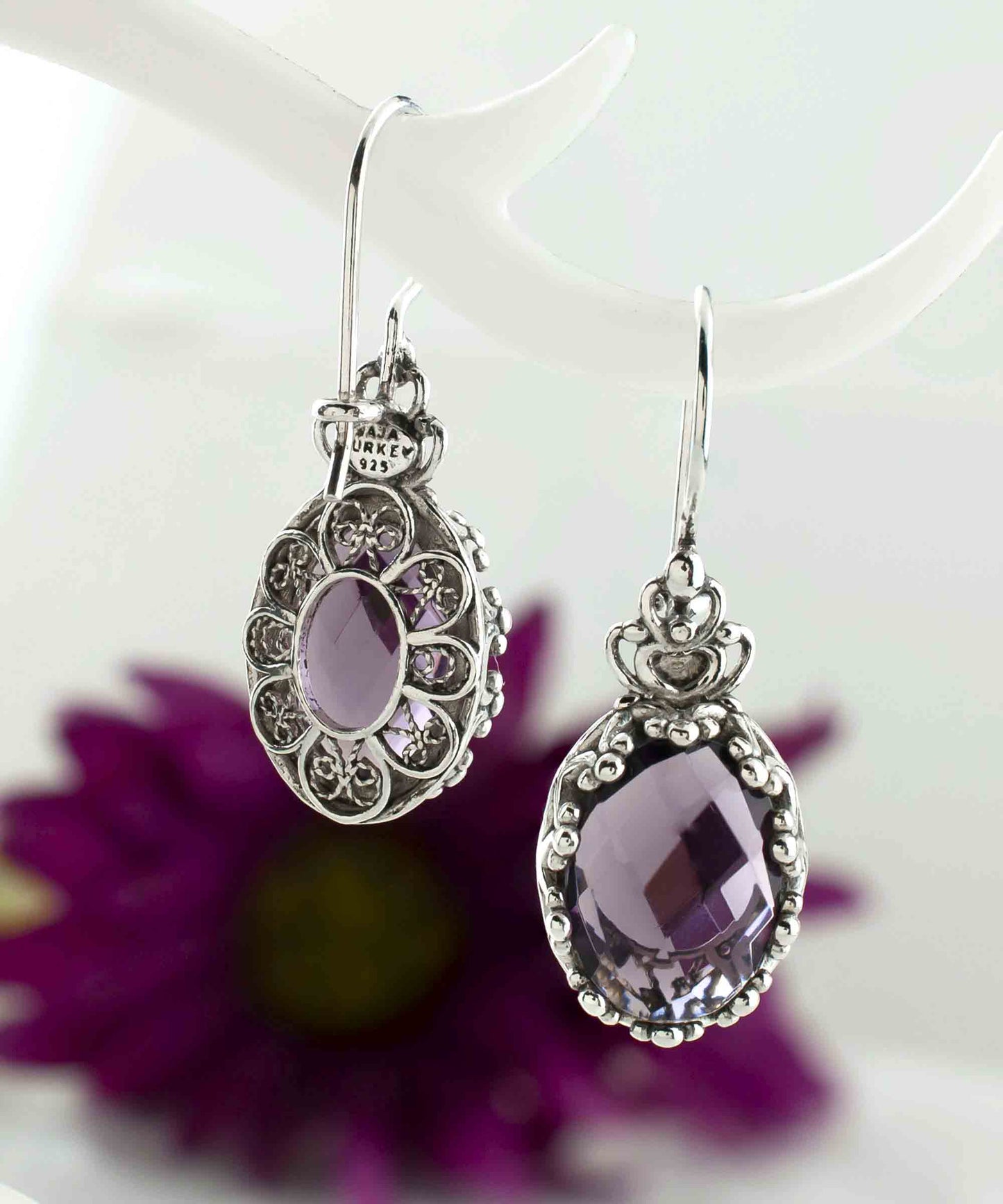 Filigree Art Amethyst Gemstone Crown Figured Women Silver Oval Drop