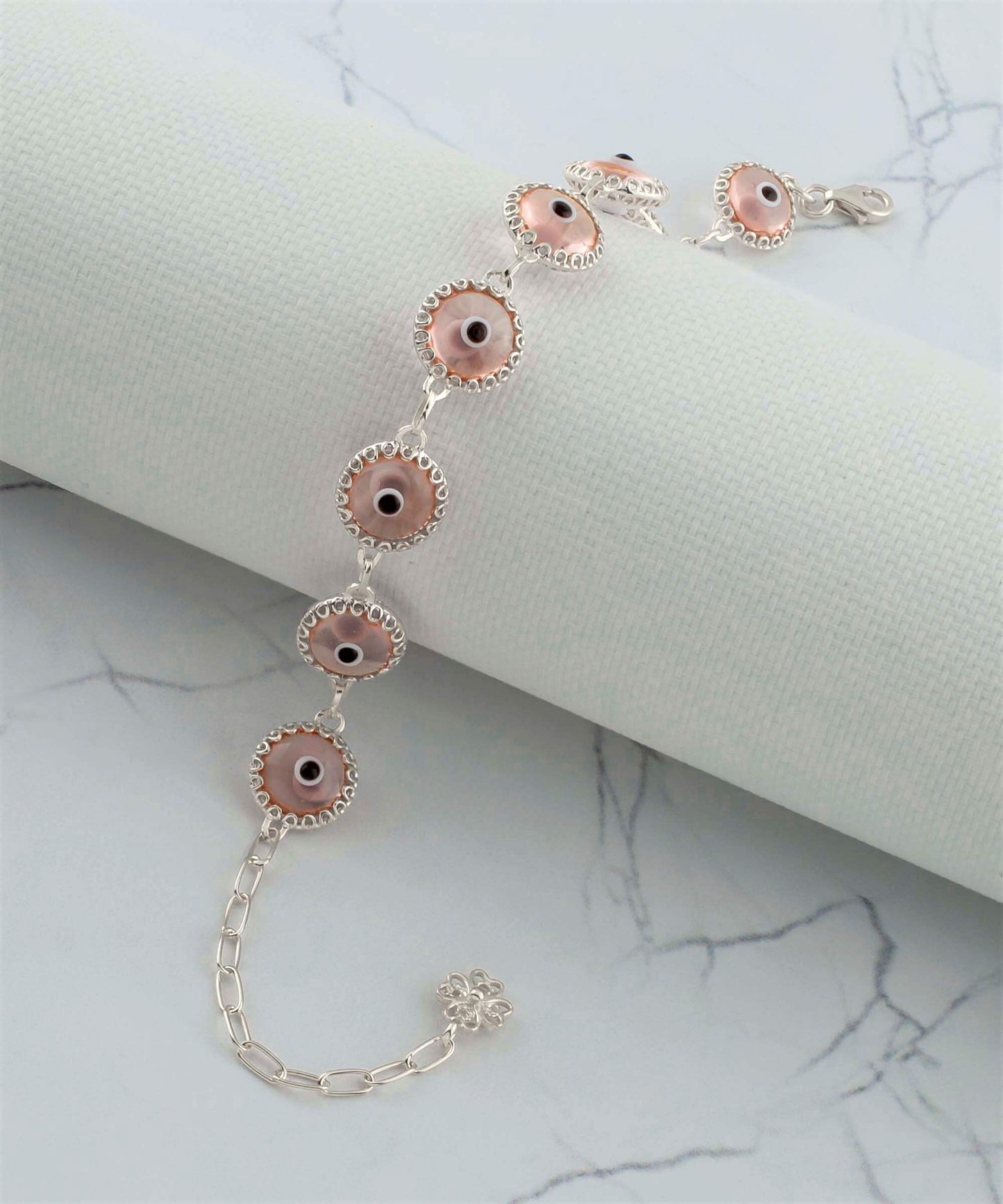 Pink Evil Eye Sterling Silver Woman Adjustable Link Bracelet