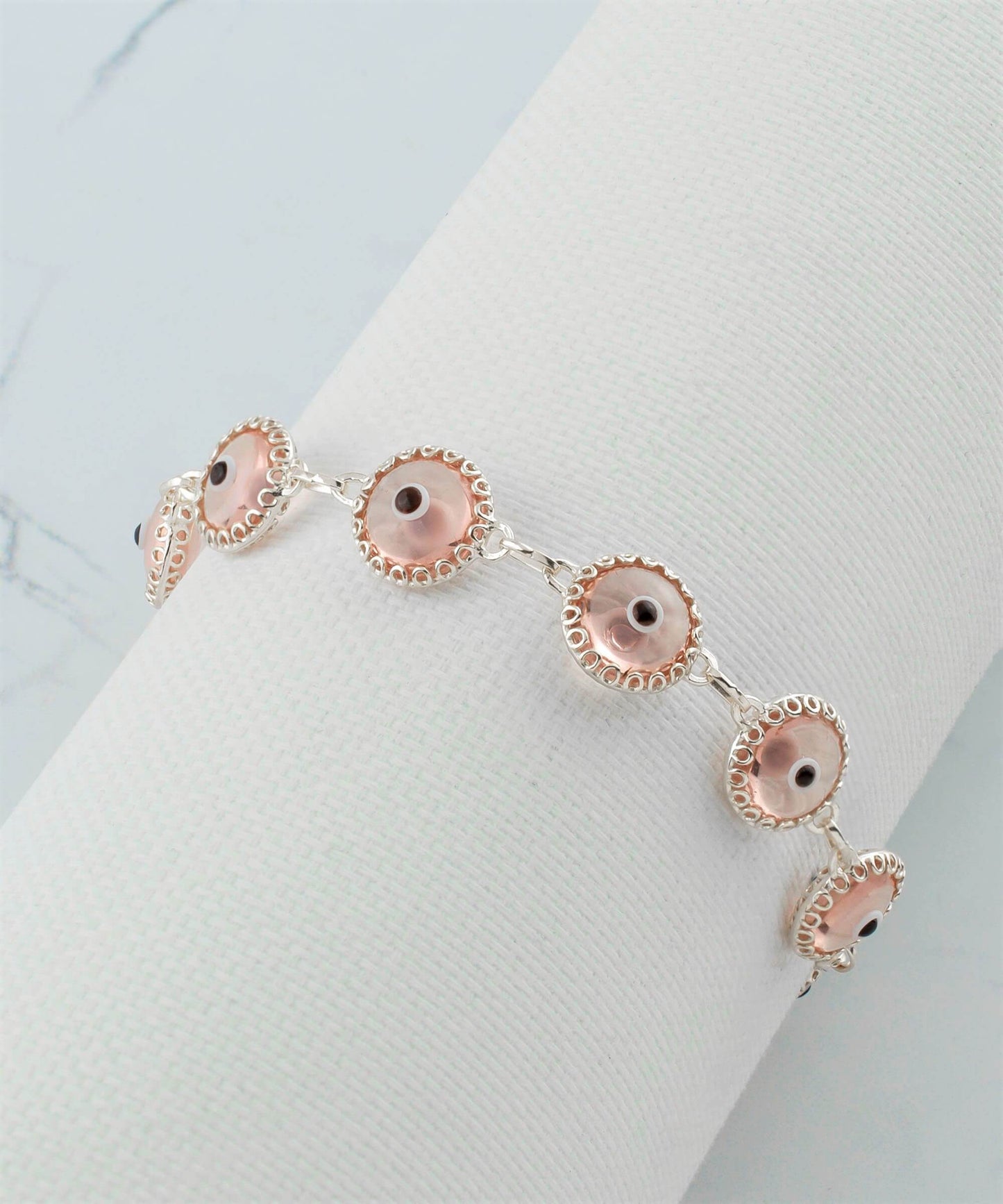 Pink Evil Eye Sterling Silver Woman Adjustable Link Bracelet
