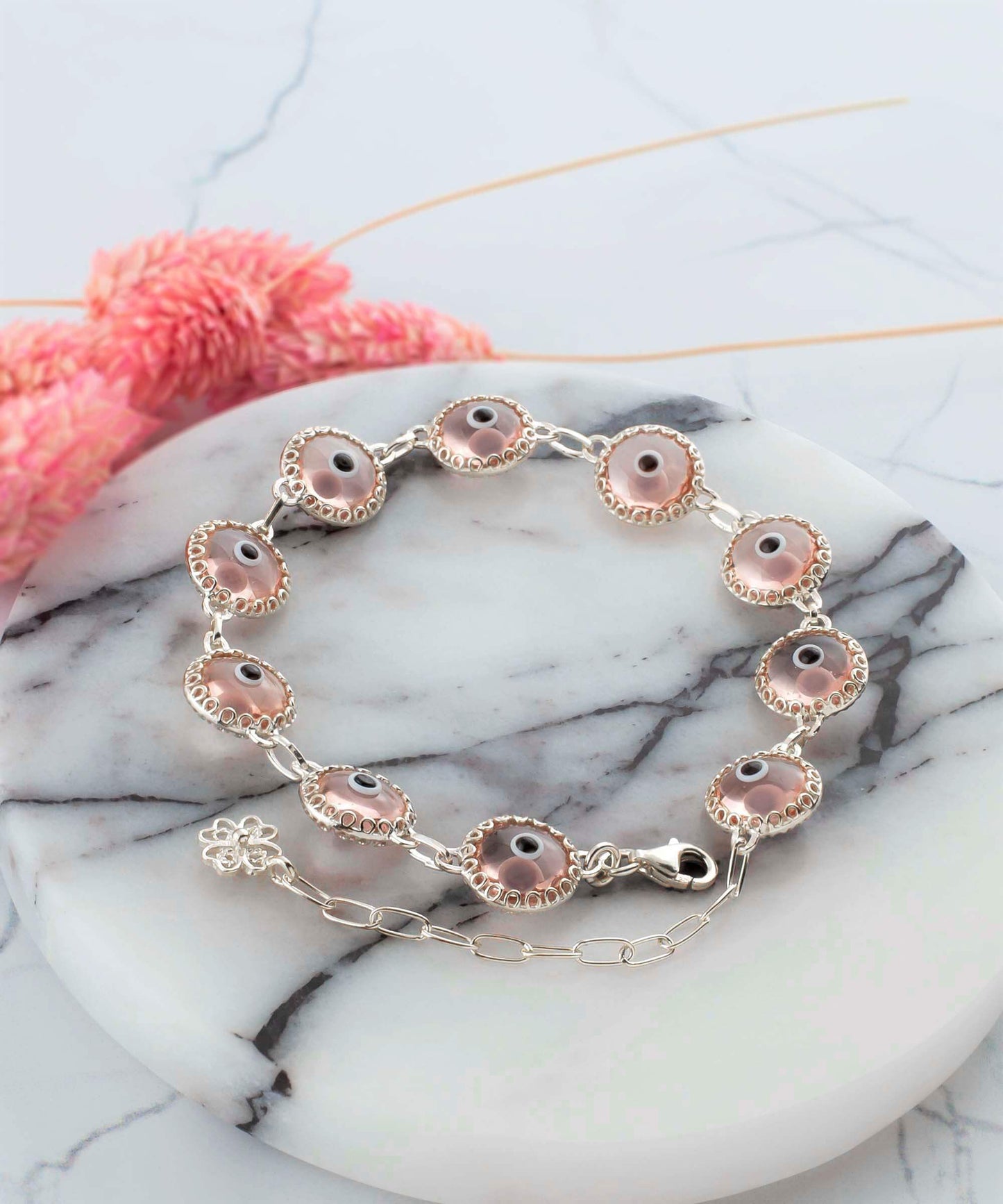 Pink Evil Eye Sterling Silver Woman Adjustable Link Bracelet
