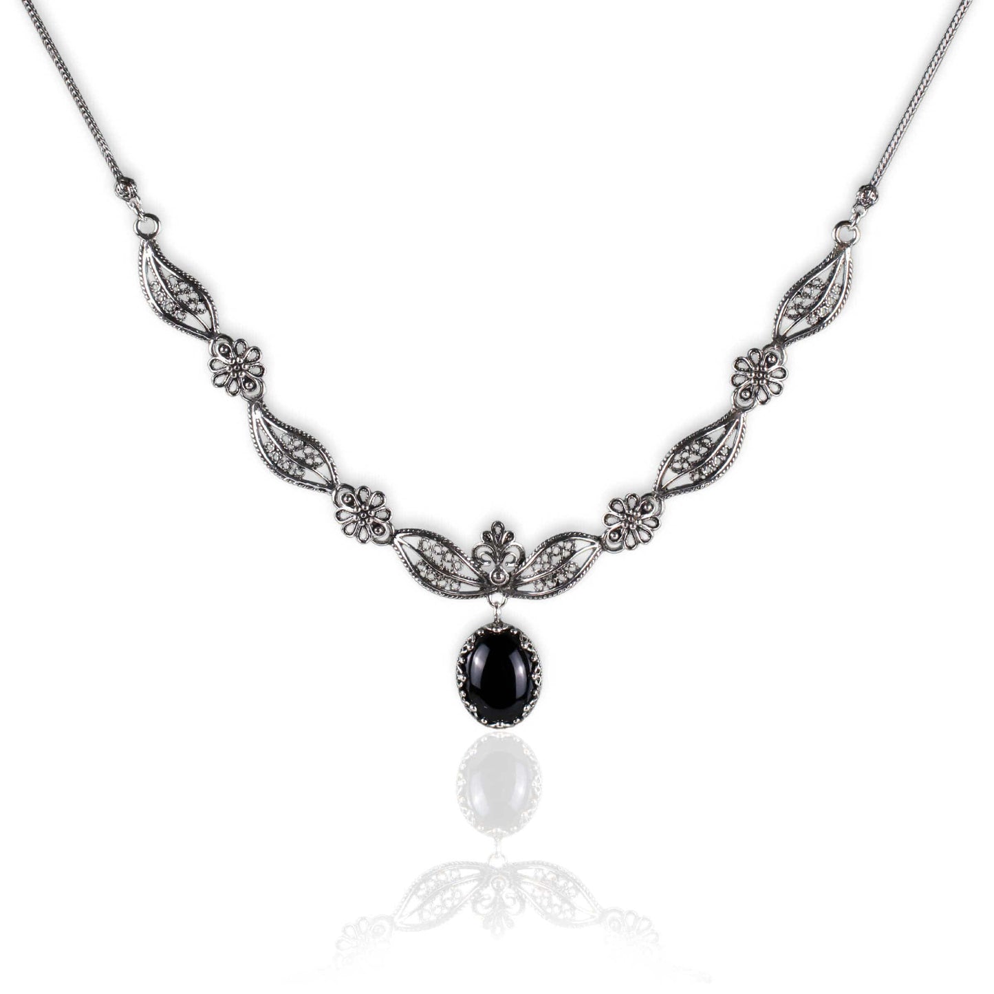 Filigree Art Black Onyx Gemstone Women Silver Princess Necklace