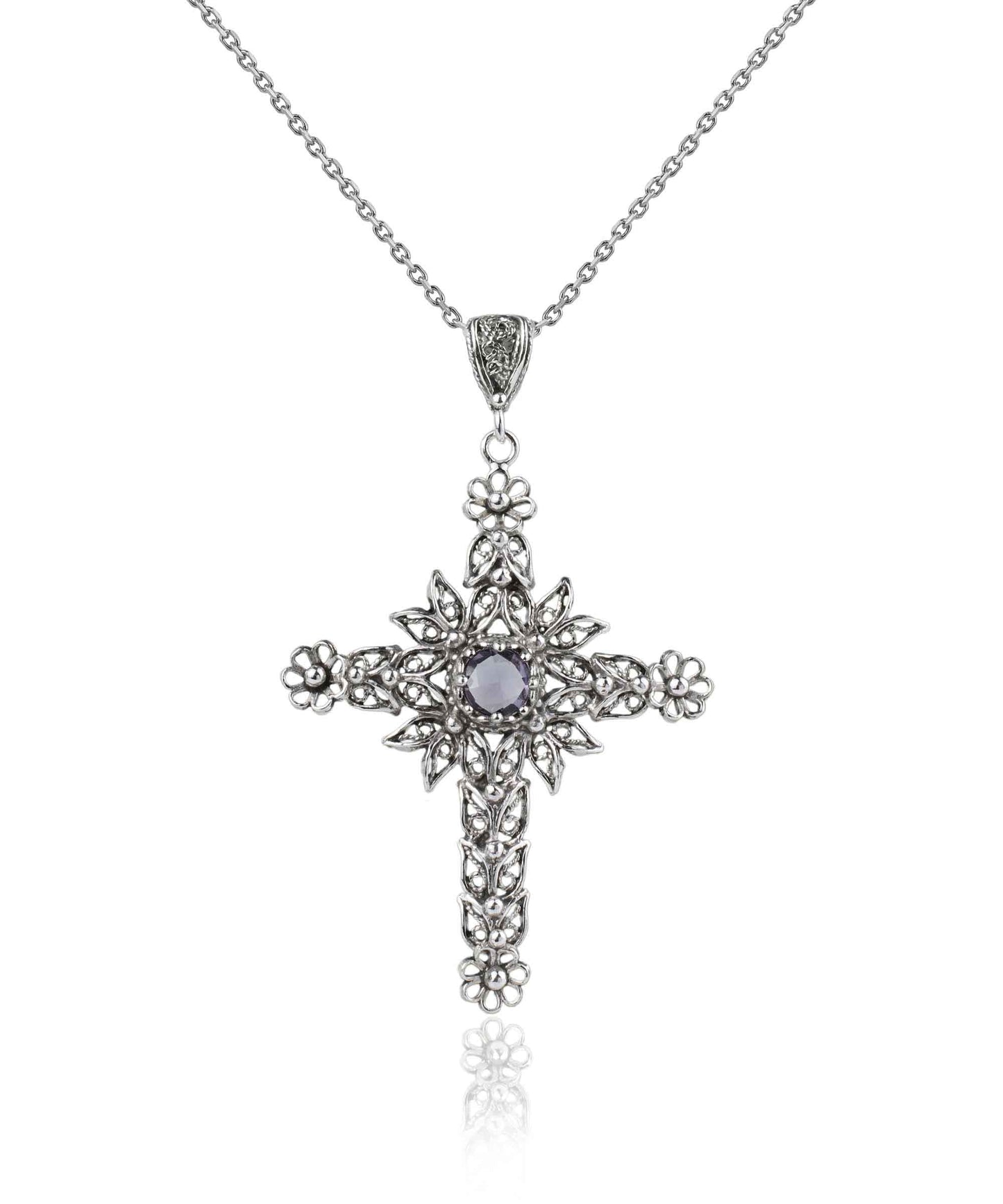 Filigree Art Amethyst Gemstone Women Silver Cross Pendant Necklace